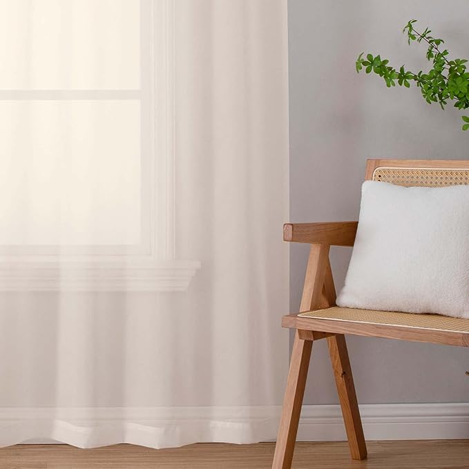 Extra Long Sheer Cream Curtains for Bedroom Living Room 108 Inches Long 2 Panels Set, Solid Soft Light Filtering Rod Pocket Sheer Window Curtains, Cream, Each 42" Wx108 L Inch