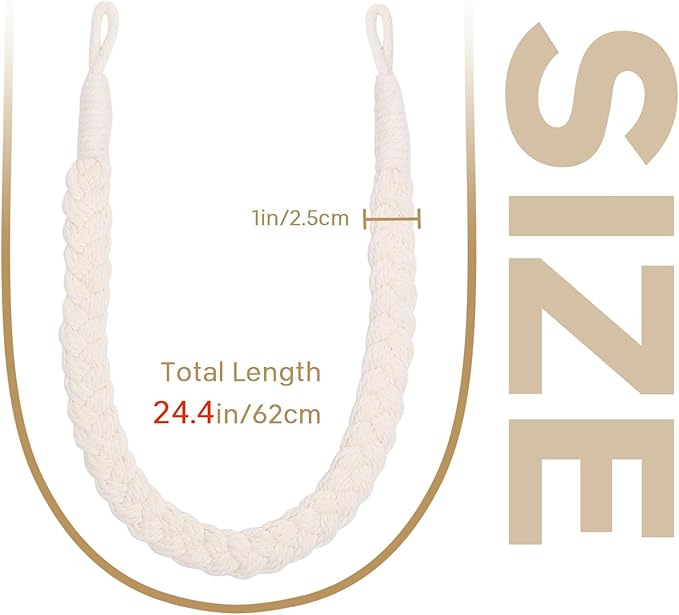 NICEEC 2 Pack Natural Cotton Rope Curtain Tiebacks Elegant Boho Style Decorative Drape Tie Backs Soft Hand-Woven Rope Curtain Holdbacks with Metal Hook for Home & Office Drapery (Cream)