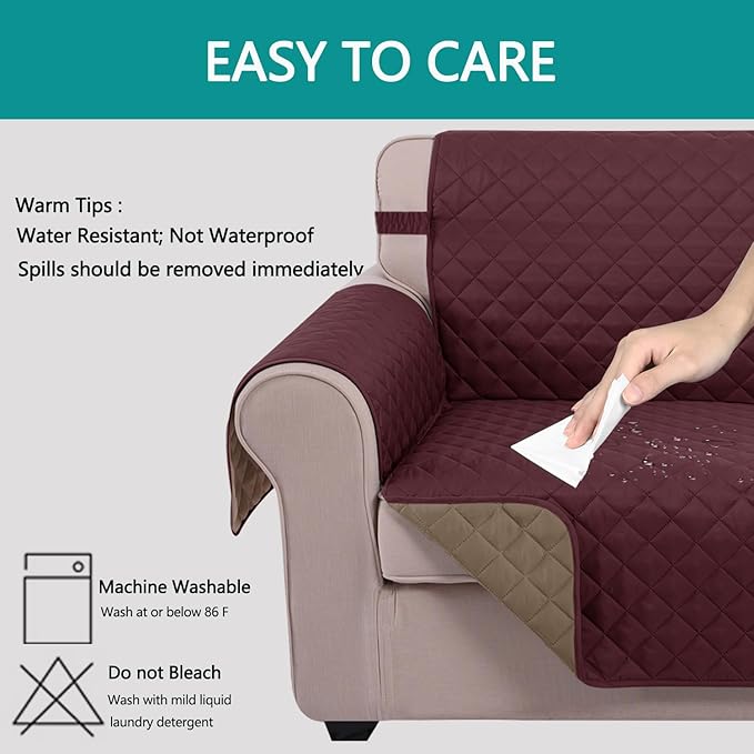 U-NICE HOME Recliner Chair Covers Reversible Quilted Water Repellent Pet Protectors with Elastic Straps (23''Recliner Small, Burgundy/Tan)