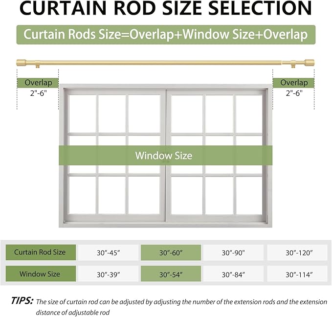 5/8” Diameter Curtain Rods 30-60 Inch, for 30-54 Inch Windows, Adjustable Splicing Gold Curtain Rods for Windows with Brackets, Window Rod Long Small Curtains Rod, 2 Pack