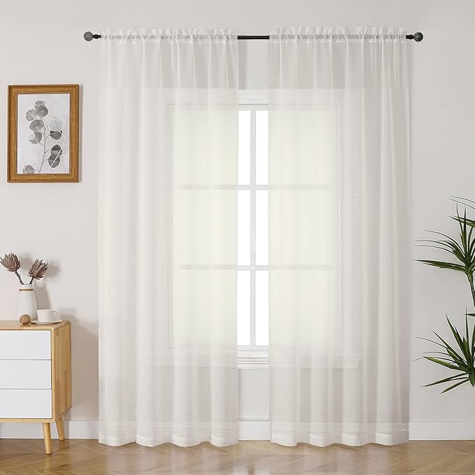 Gwine Ivory Sheer Curtains 90 Inches Long 2 Panels Set, Light Filtering Solid Filmy Drapes for Living Room Bedroom, Elegant Soft Rod Pocket Voile Sheer Window Curtains, 42Wx90L Inch, 2PCS, Ivory
