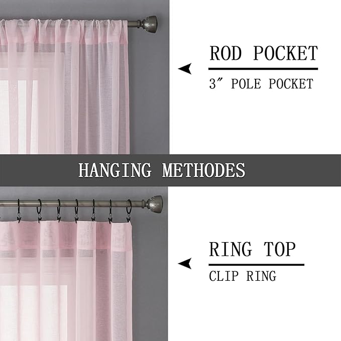 Tollpiz Sheer Curtains Bedroom Linen Textured Curtain Sheers Light Filtering Voile Rod Pocket Curtains for Living Room, 38 x 84 inches Long, Pink, Set of 2 Panels