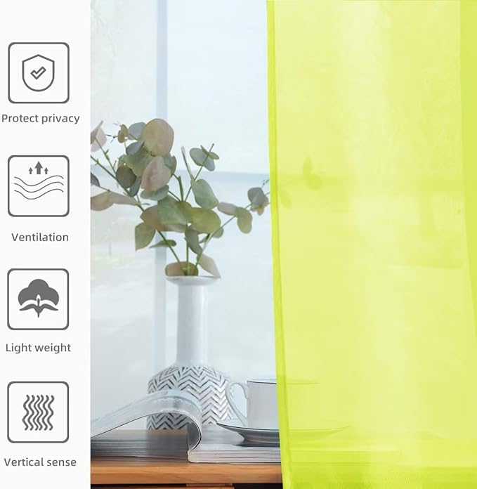 youleyar Solid Sheer Rod Pocket Curtain Voile Draperies 2 Panels White Beige Black Grey Ivory 52 Inch Width 45 Inch Long 1 Pair for Kitchen Bedroom Children Living Room Yard (Chartreuse,52Wｘ45L)