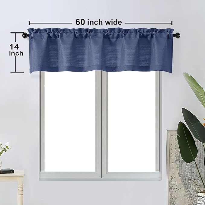 OWENIE Bob 1 PCS Blue Valances for Windows, Faux Linen Textured Kitchen Window Curtains Valance for Bedroom Living Room, Modern Soft Airy Solid Rod Pocket Bathroom Cafe Curtain, 60Wx14L Inch
