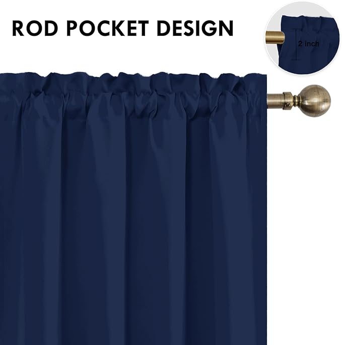 DWCN Navy Blue Blackout Curtains for Bedroom 63 Inches Long 2 Panels Set Window Drapes Thermal Insulated Room Darkening Rod Pocket Curtains for Kids Boys Room (W42 x L63 Inch, Navy Blue)