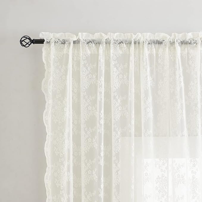 YJ YANJUN Vintage Lace Curtains 54 Inch Length- Victorian Floral Pattern Ivory Short Sheer Curtain Panels for Living Room Bedroom, Country Light Filtering Drapes, Set of 2 52W x 54L Cream