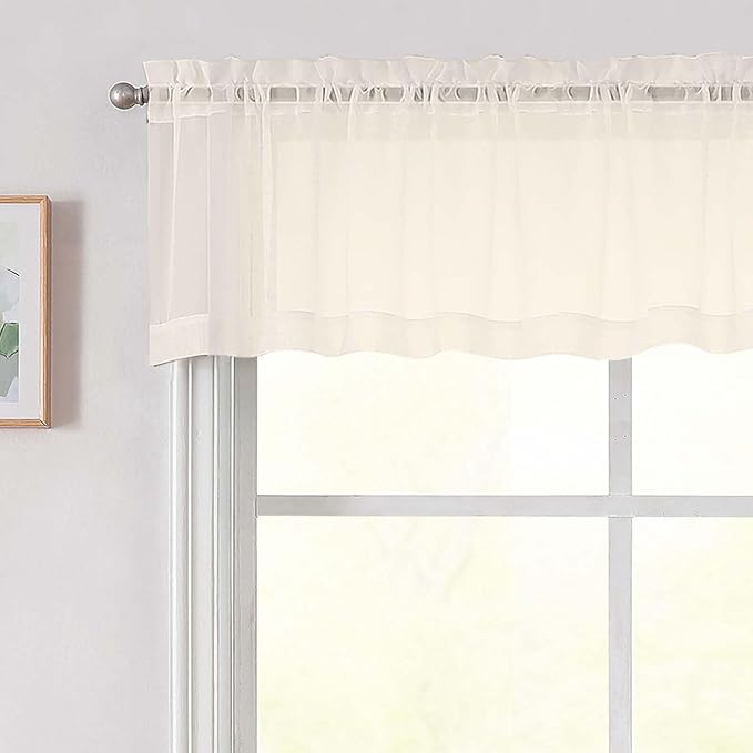 Cream Valances for Windows, Cream Sheer Curtains 14 Inch Length 2 Pack Kitchen Drapes, Modern Solid Mini Small Window Curtains for Cafe Bathroom Basement, 42" Wx14 L Inches