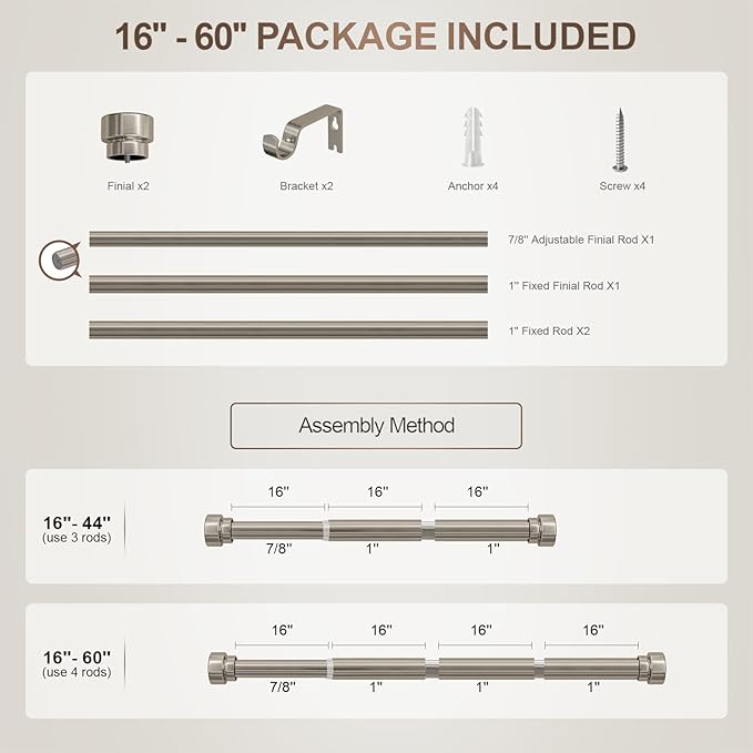 Lootkell Modern Brushed Nickel Curtain Rods for Windows 16 to 60 Adjustable Length Heavy Duty 1" Diameter Window Curtain Rod with Solid Metal Finials for Outdoor Farmhouse Bedroom Kitchen Living Room