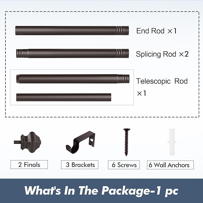 Curtain Rods for Windows 36-78 inch, 5/8 inch Bronze Curtain Rod with Classic Finials Adjustable by Splicing for Bedroom Kitchen Study Living Room