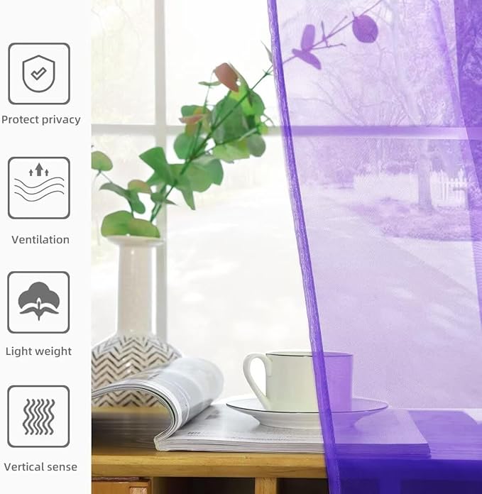 youleyar Solid Sheer Rod Pocket Curtain Voile Draperies 2 Panels White Beige Black Ivory Coffee 22 Inch Width 30 Inch Long 1 Pair for Kitchen Bedroom Children Living Room Yard(Purple,22W x 30L)