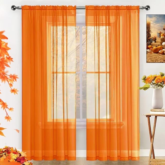 SpaceDresser Basic Rod Pocket Sheer Voile Window Curtain Panels White 1 Pair 2 Panels 60 Width 63 Inch Long for Kitchen Bedroom Children Living Room Yard(Orange,60 W x 63 L)