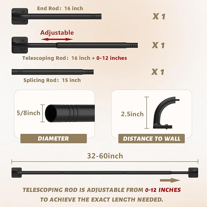 UIOSANRT Warp Around Curtain Rods for Windows 32 to 60 inch, 5/8" Diameter Blackout Curtain Rod for Bedroom Living Room Black