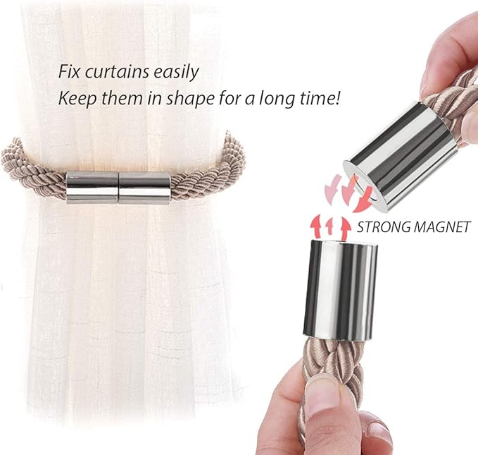 NICEEC 2 Pack Strong Magnetic Curtain Tiebacks Modern Simple Style Drape Tie Backs Convenient Decorative Weave Rope Curtain Holdbacks for Thin or Thick Home & Office Window Draperies (Grey Coffee)