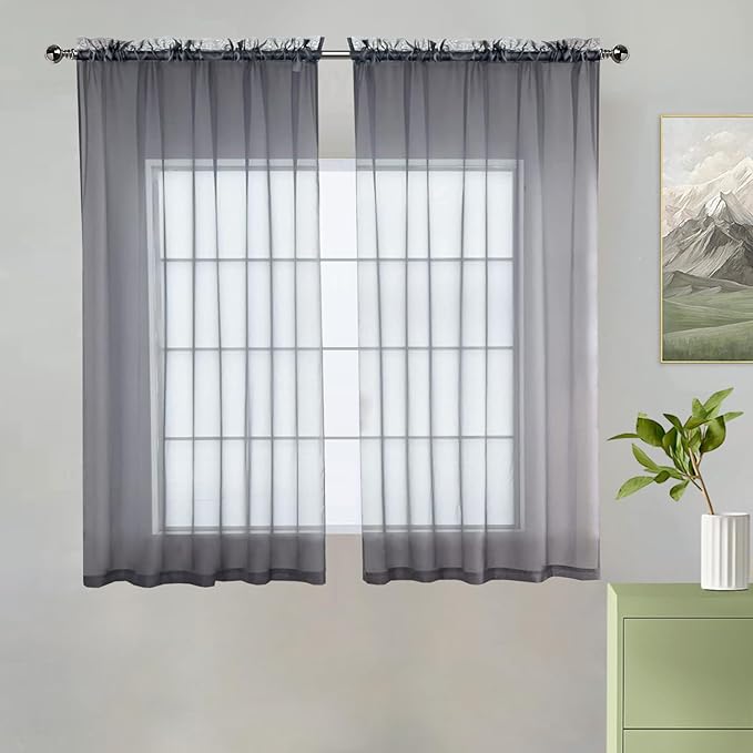 youleyar Solid Sheer Rod Pocket Curtain Voile Draperies 2 Panels White Beige Black Grey Coffee 38 Inch Width 54 Inch Long 1 Pair for Kitchen Bedroom Children Living Room Yard(Grey,38Wｘ54L)