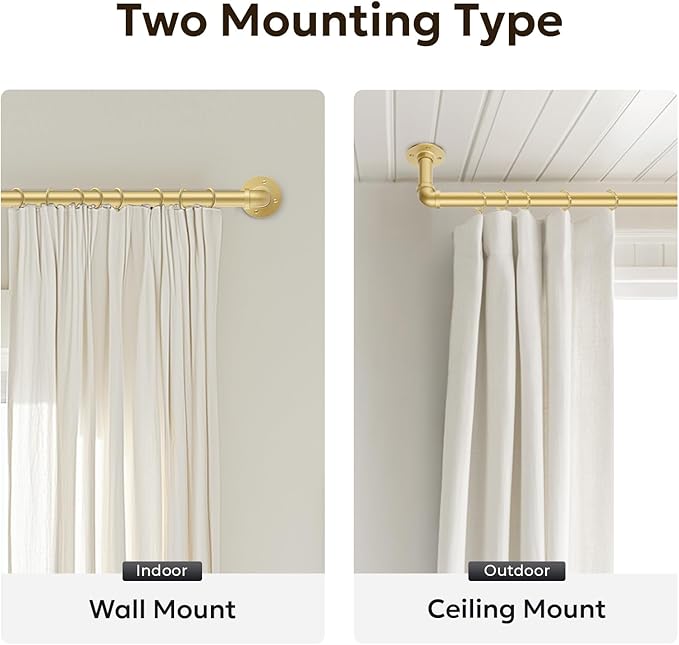Zeerobee Curtain Rods for Windows 48 to 84, 1 Inch Industrial Wrap Around Gold Curtain Rod, Indoor/Outdoor Room Divider Adjustable Drapery Pole, 48"-86"