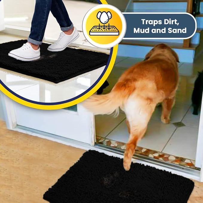 Muddy Mat® | Super Absorbent Door Mat Indoor, Microfiber Quick Dry Chenille Entryway Rug, Non-Slip Front Door Mat, Indoor Mats for Entryway, Machine Washable Pet Rug, Black 5ft x 7ft
