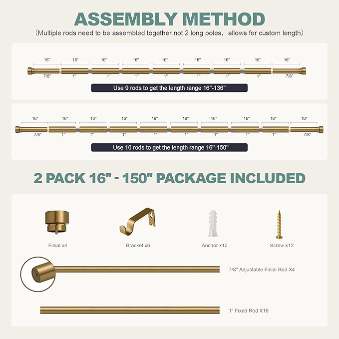 Lootkell 2 Pack Warm Gold Curtain Rods for Windows 72 to 144 Adjustable Length Heavy Duty 1" Diameter Brass Window Rod with Solid Metal Finials for Outdoor Farmhouse Bedroom Kitchen Living Room