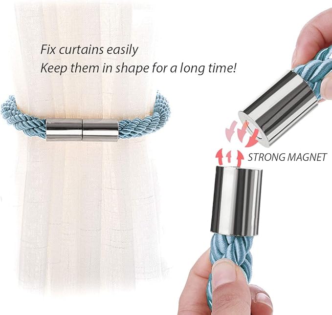 NICEEC 6 Pack Strong Magnetic Curtain Tiebacks Modern Simple Style Drape Tie Backs Convenient Decorative Weave Rope Curtain Holdbacks for Thin or Thick Home & Office Window Draperies (Teal)