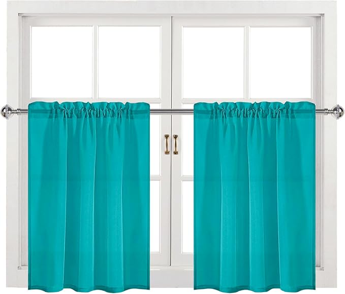 DWCN Turquoise Sheer Curtains for Kitchen Windows - Rod Pocket Semi Transparent Voile Tier Curtains for Bedroom, Living Room, Farmhouse, 36 x 36 inches Long, Set of 2 Panels
