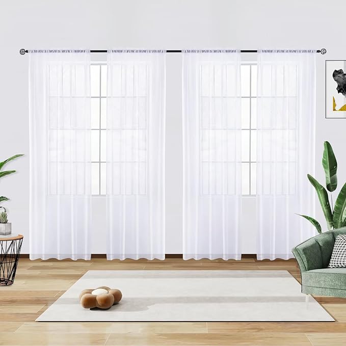 youleyar Solid Sheer Rod Pocket Curtain Voile Draperies 4 Panels White Beige Black Grey Ivory 52 Inch Width 45 Inch Long 1 Pair for Kitchen Bedroom Children Living Room Yard(Optical White,52 Wｘ45 L)