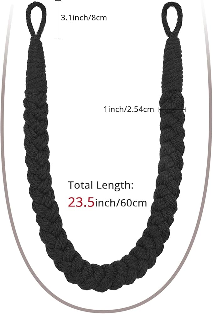 NICEEC 2 Pack Natural Cotton Rope Curtain Tiebacks Elegant Boho Style Decorative Drape Tie Backs Soft Hand-Woven Rope Curtain Holdbacks with Metal Hook for Home & Office Drapery (Black)