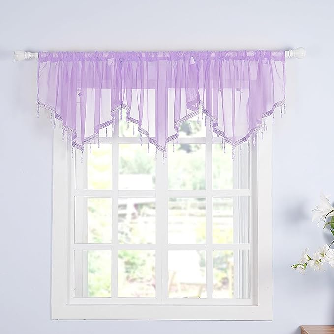 Molaxhome Swag Curtain 51 inch Length Rod Pocket Scalloped Curtain Valance Sheer Lace Panels with Hanging Crystal Beads for Kitchen Bedroom Window Treatments Drape Decor 1pc (Purple, 51Wx23L)