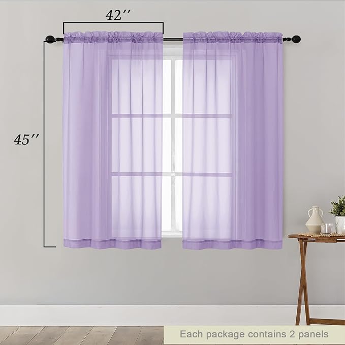 Lavender Sheer Curtains for Bedroom Living Room 45 Inch Length 2 Panels, Soft Airy Light Filtering Small Kitchen Window Curtains, Rod Pocket Short Curtain Drapes, Lavender, 42"Wx45"L Inches