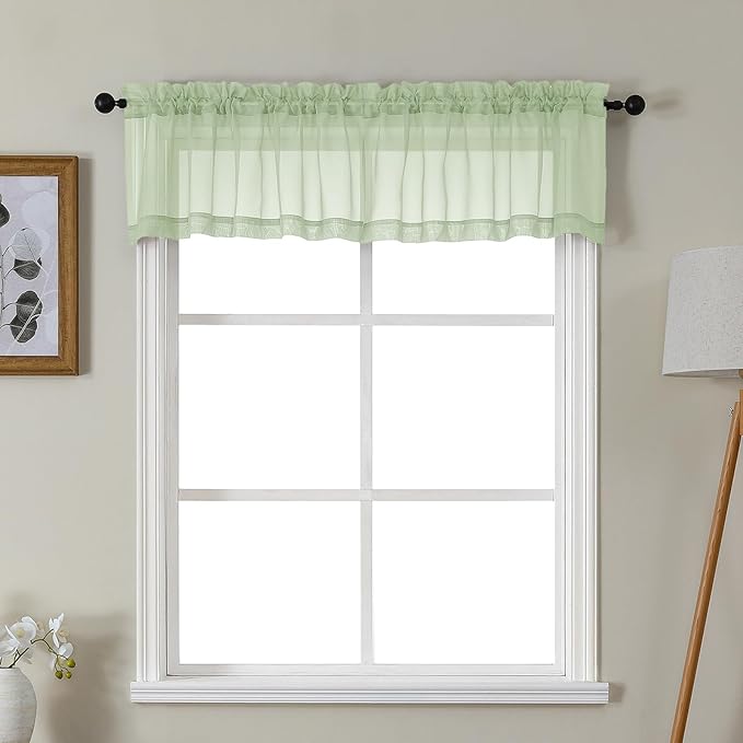 Gwine Light Green Valances for Windows, Small Light Filtering Rod Pocket Cafe Valance Curtains, Soft Sheer Curtain for Bathroom Laundry Basement, 42Wx14L inch, 2 Pieces