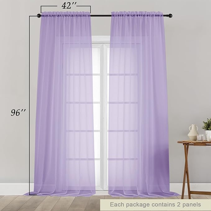 Lavender Sheer Curtains for Bedroom Living Room 96 Inches Long 2 Panels, Modern Airy Soft Lightweight Rod Pocket Light Filtering Sheer Curtains Drapes, Lavender, Each 42" Wx96 L Inch