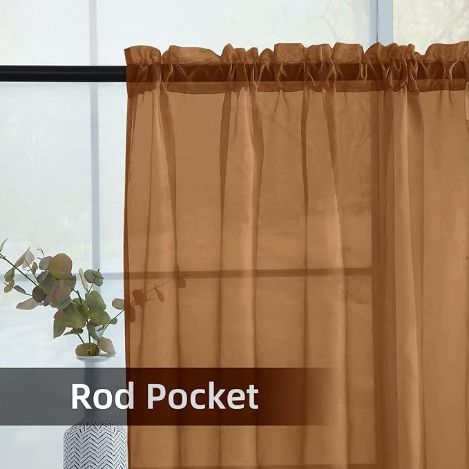 youleyar Solid Sheer Rod Pocket Curtain Voile Draperies 2 Panels White Beige Black Grey Ivory 52 Inch Width 90 Inch Long 1 Pair for Kitchen Bedroom Children Living Room Yard (Light Brown,52Wｘ90L)