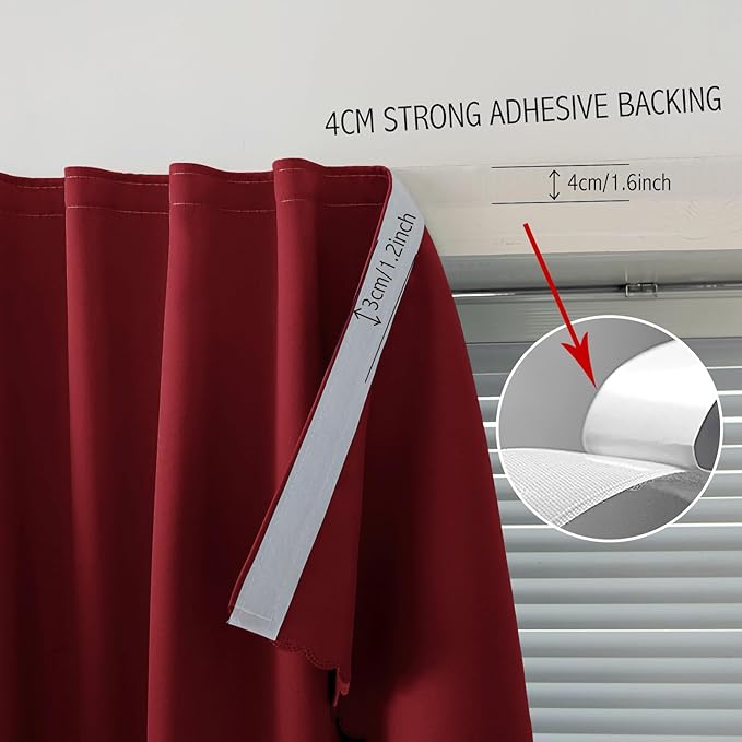 Self Adhesive Curtains, Stick Curtain Blackout Shades Window Cover Curtains for Living Room No Drilling, 59" W X 71" L, Burgundy, 1 Panel