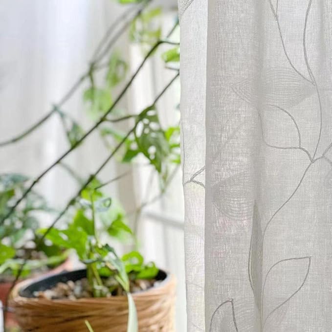 HOMEIDEAS White Sheer Curtains 52 X 63 Inches Length 2 Panels Embroidered Leaf Pattern Pocket Faux Linen Floral Semi Sheer Voile Window Curtains/Drapes for Bedroom Living Room
