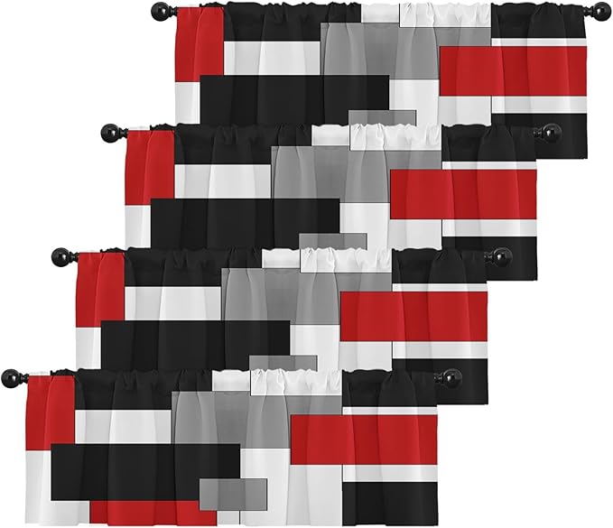 Emvency 4 Pack Valances Window Treatments, Red and Black Geometry Abstract Modern Art Blackout White Adjustable for Living Room Bathroom Kitchen Over Sink, 52x18 Inch Rod Pocket Valances