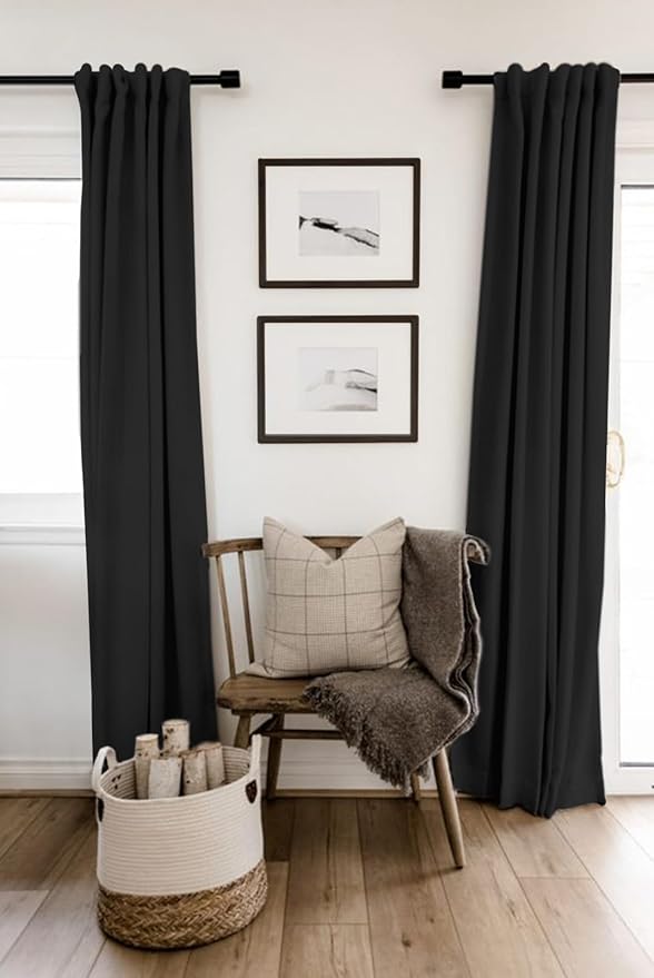 100% Blackout Shield Linen Blackout Curtains for Bedroom 90 Inches Long, Back Tab/Rod Pocket Living Room Drapes, Thermal Insulated Blackout Curtains 2 Panels Set, 50" W x 90" L, Black