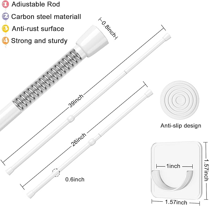 AIZESI 2pcs Spring Tension Rods Adjustable 26 to 39 inch Small Tension Curtain Rod No Drilling Expandable Spring Loaded Curtain Rod,Suitable for Doors and Windows 28 to 36 inch, White
