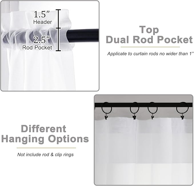 Sheer White Curtains for Bedroom Living Room 90 Inches Long 2 Panels Set, Soft Airy Light Filtering Sheer Window Treatments, Modern Rod Pocket Curtains Drapes, Each 59" Wx90 L Inch