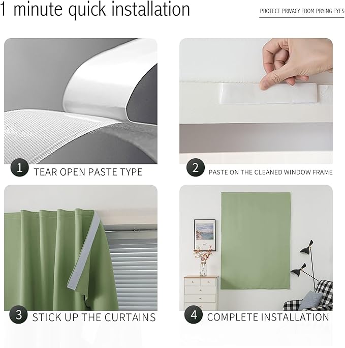 Magic Tape Blackout Curtains for Bedroom No Drillng Self Adhesive Curtains No Rod Small Window, 47" W X 59" L, Sage Green, 1 Panel
