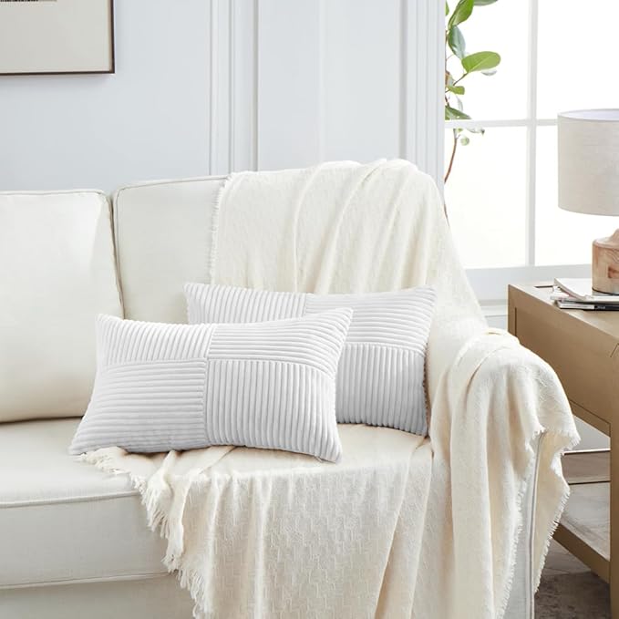 Fancy Homi 2 Packs White Long Lumbar Decorative Throw Pillow Covers 16x24 Inch for Couch Bed Sofa, Rustic Farmhouse Boho Home Decor, Soft Striped Corduroy Rectangle Accent Cushion Case 40x60 cm