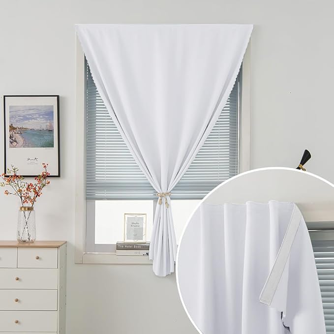 self Adhesive Curtains Portable Blackout Curtain Simple and Easy to Install Bedroom Window Thermal Lnsulated Kitchen Room Darkening Black Small Drapes, 47" W X 71" L, White, 1 Panel