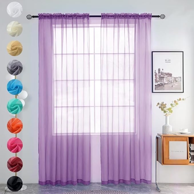youleyar Solid Sheer Rod Pocket Curtain Voile Draperies 2 Panels White Beige Black Grey Coffee 52 Inch Width 72 Inch Long 1 Pair for Kitchen Bedroom Children Living Room Yard (Lavender,52Wｘ72L)