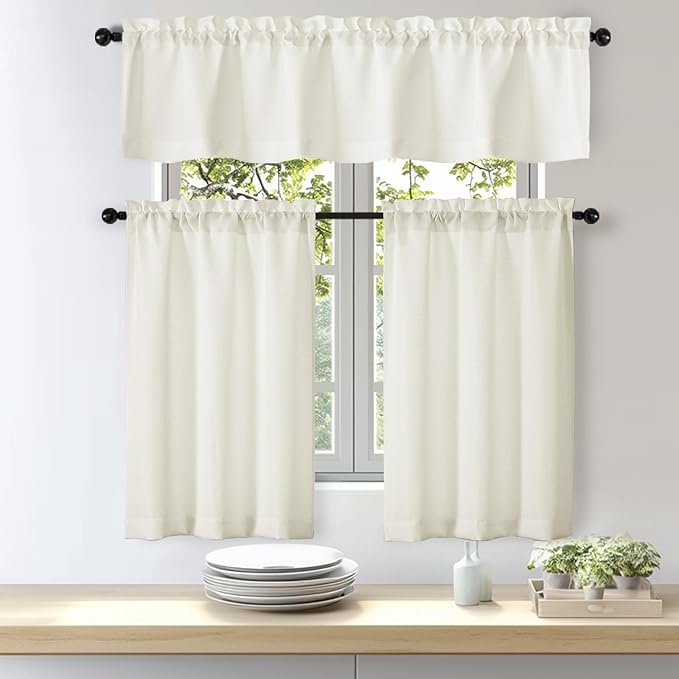 OWENIE Bob Valance Curtains 18 Inch Length 1 Piece, Faux Linen Slub Solid Ivory Kitchen Valance for Bedroom Living Room, Farmhouse Soft Airy Rod Pocket Small Window Curtain, Each 60Wx18L Inch