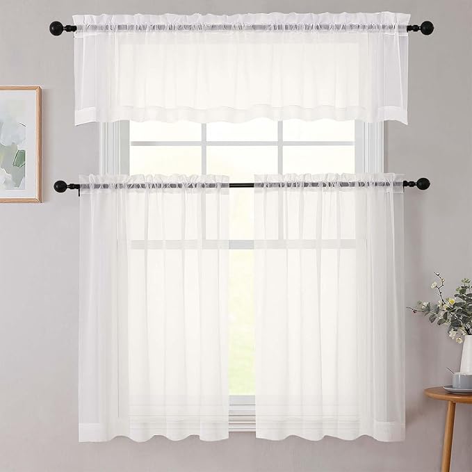 Cafe Curtains 36 Inch Length Tier 2 Pieces, Modern Soft Airy Sheer Kitchen Short Curtains for Small Window, Rod Pocket Small Curtain for Bathroom Basement, Ivory, Each, 42" Wx36 L Inches