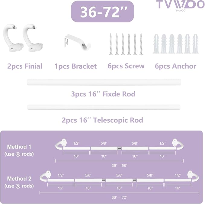 TVWOO White Wrap Around Curtain Rods:5/8" Small Blackout Adjustable Window Curtain Rod for Bedroom Kitchen Apartment Renter Friendly,Room Darkening Curved Drapery Rods Easy Install,Pure White 36-72"