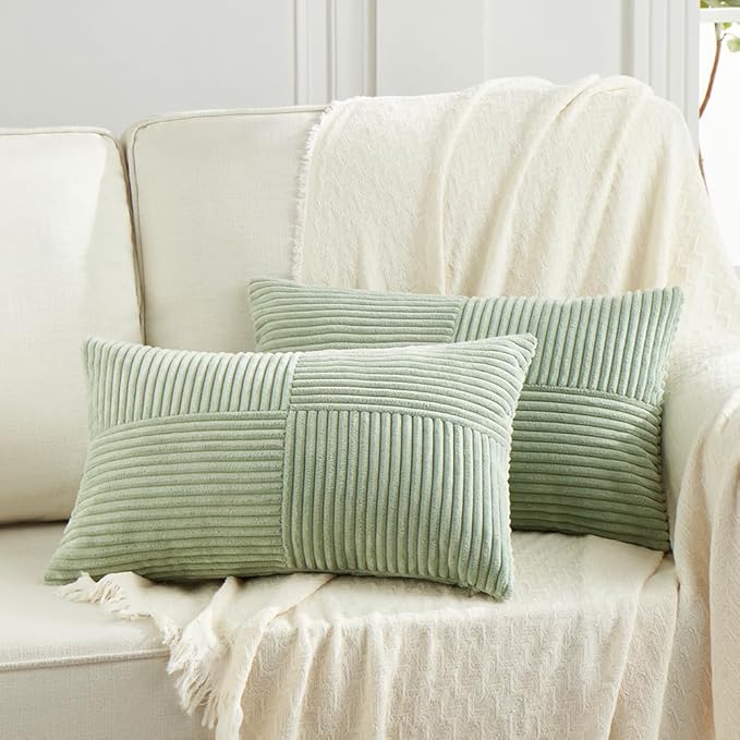 Fancy Homi 2 Packs Sage Green Lumbar Decorative Throw Pillow Covers 12x20 Inch for Living Room Couch Bed, Rustic Farmhouse Boho Home Decor, Soft Striped Corduroy Rectangle Accent Cushion Case 30x50 cm