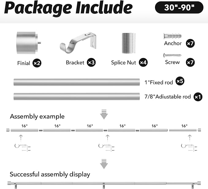 GEEBOBO Silver Curtain Rods for Windows 48 to 84 Inch, 1 Inch Adjustable Heavy Duty Easy Install Curtain Rods Set for Outdoor, Patio, Farmhouse, Bedroom, Living Room (Silver, 30"-90")
