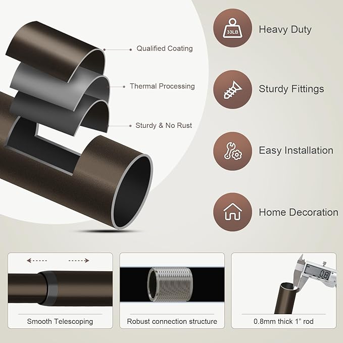 Lootkell Modern Brown Curtain Rods for Windows 72 to 144 Inches Adjustable Length Heavy Duty 1" Diameter Window Curtain Rod with Decorative Finials for Outdoor Farmhouse Bedroom Kitchen Living Room