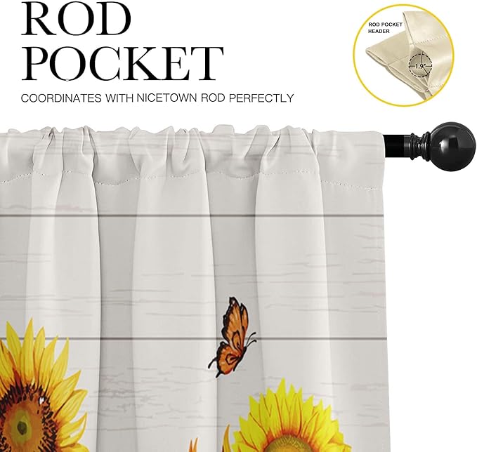 Emvency 4 Pack Valances Window Treatments, Farmhouse Sunflower Spring Summer Butterfly Blackout Adjustable for Living Room Bathroom Bedroom Kitchen Over Sink, 52x18 Inch Rod Pocket Valances