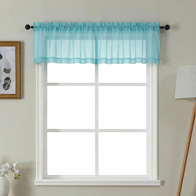 Gwine Small Valances for Windows - Light Filtering Short Window Curtain Valance, Soft Topper Treatment Sheer Curtain for Bathroom Laundry Basement, Each 42Wx14L inch, 2 Panels, Aqua