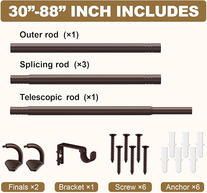 GXOACKJ Brown Curtain Rods for Windows 48 to 84 inch, 5/8 inch Adjustable Wrap Around Blackout Curtain Rods for Bedroom & Outdoor