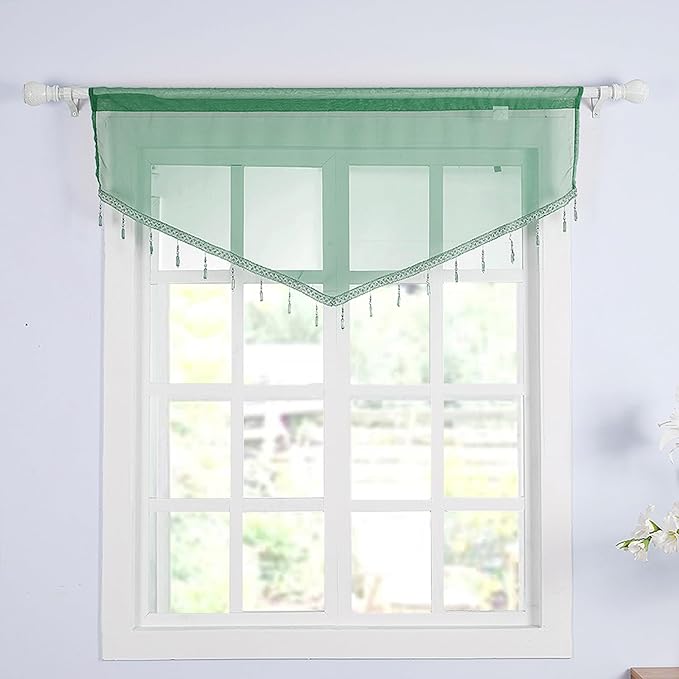 Molaxhome Swag Curtain 51 inch Length Rod Pocket Scalloped Curtain Valance Sheer Lace Panels with Hanging Crystal Beads for Kitchen Bedroom Window Treatments Drape Decor 1pc (DarkGreen, 51Wx23L)